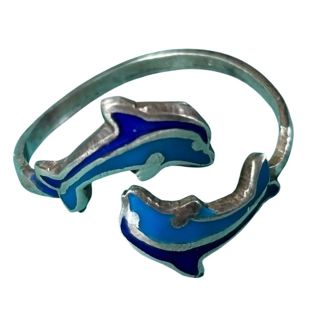 Vintage 925 Sterling Silver Blue Enamel Double Dolphin Bypass Wrap Ring Size 4.5